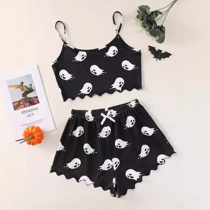 Spooktacular Comfort: Zweiteiliges Pyjama-Set aus Polyesterfaser mit Halloween-Motiven für Damen