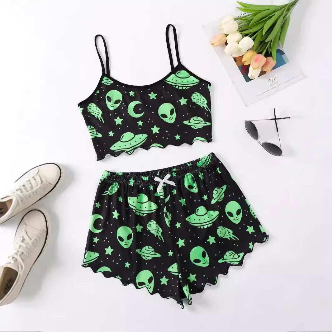 Spooktacular Comfort: Zweiteiliges Pyjama-Set aus Polyesterfaser mit Halloween-Motiven für Damen