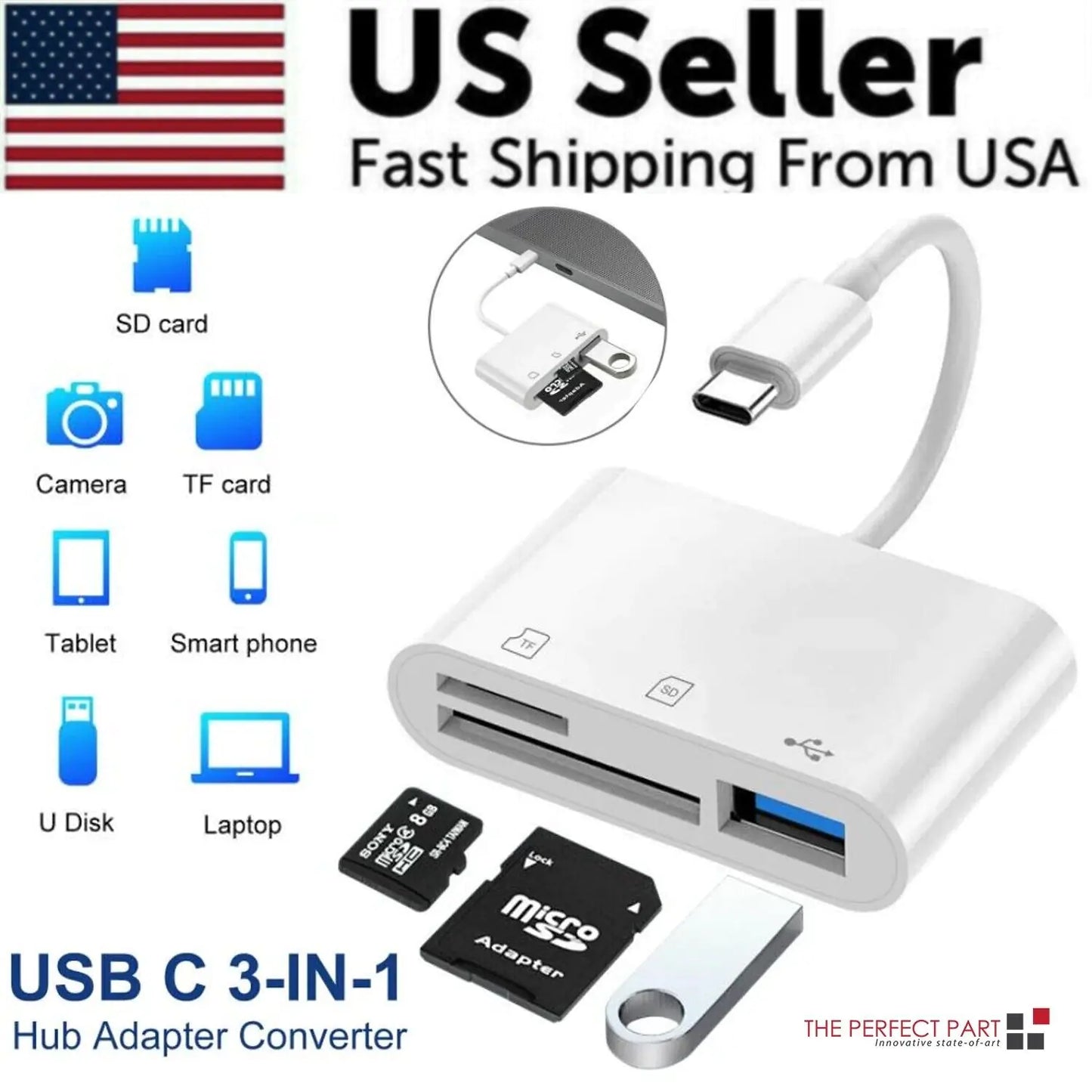 USB C 3 in 1 Hub Konverter Typ-C Adapter SD Kartenleser Für MacBook Pro Laptop