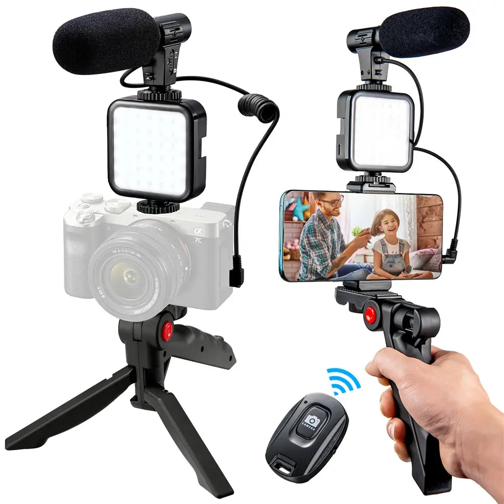 Vlogging Kit Smartphone Camera Video Vlogging Kit for iPhone/Android with Light + Microphone + Tripod + Phone Holder for Vlogging/YouTube/Tiktok/Facebook/Camera