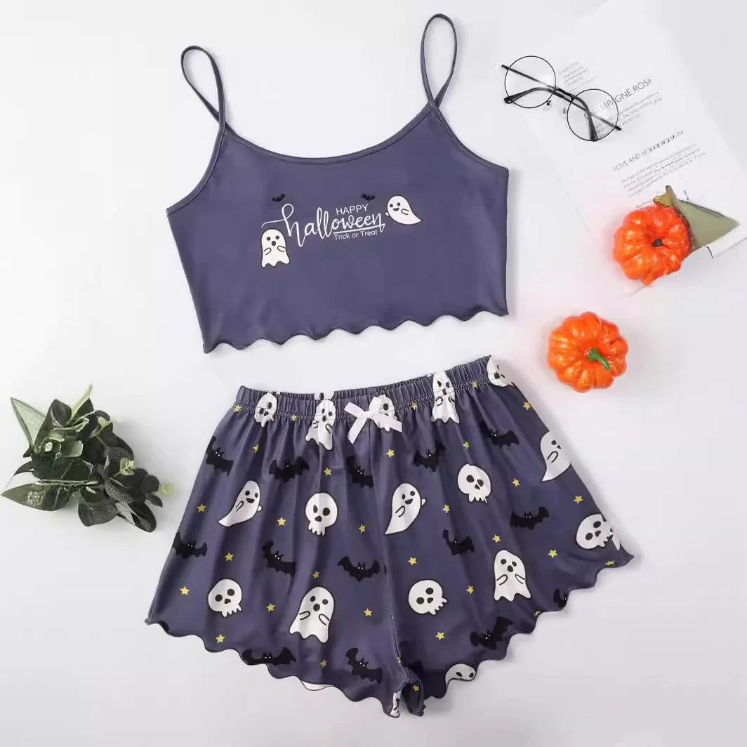 Spooktacular Comfort: Zweiteiliges Pyjama-Set aus Polyesterfaser mit Halloween-Motiven für Damen