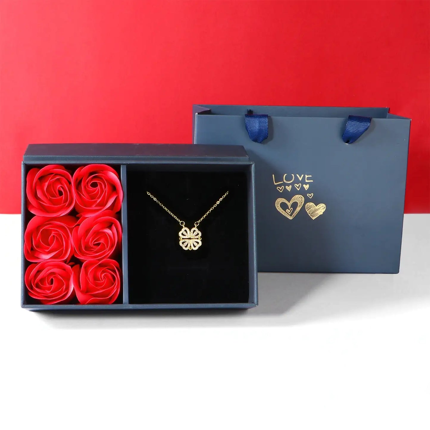 Four Leaf Clover Necklace, 14K Gold Plated, Heart Magnetic Necklace, for Women, 15.8”+2”inch