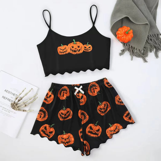 Spooktacular Comfort: Zweiteiliges Pyjama-Set aus Polyesterfaser mit Halloween-Motiven für Damen