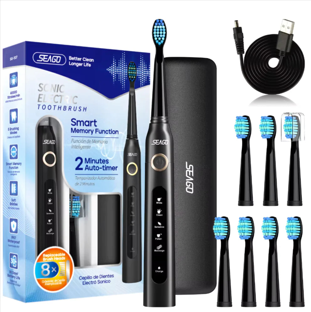 Seago Sonic Toothbrush Electric Toothbrush Cleaning Teeth 5 Modes with 8 Replaceable Brush Heads 2 Min Timer With Portable Box