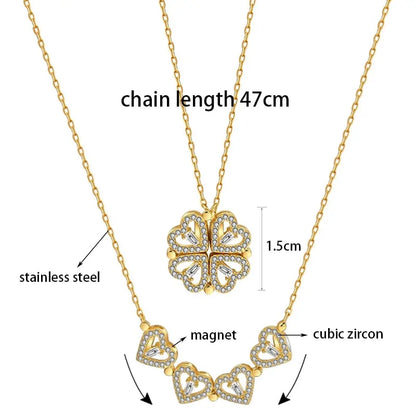 Four Leaf Clover Necklace, 14K Gold Plated, Heart Magnetic Necklace, for Women, 15.8”+2”inch