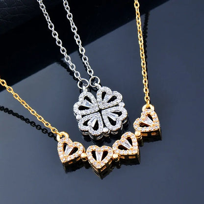 Four Leaf Clover Necklace, 14K Gold Plated, Heart Magnetic Necklace, for Women, 15.8”+2”inch