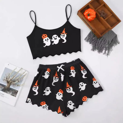 Spooktacular Comfort: Zweiteiliges Pyjama-Set aus Polyesterfaser mit Halloween-Motiven für Damen