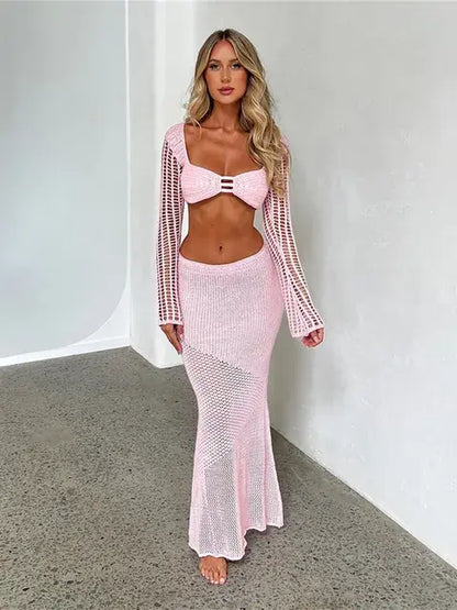 2 Piece Skirt Set Hollow Out Crop Top Long Sleeve