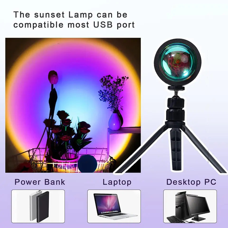 Sunset Lamp Projection Rotation Rainbow Projection Lamp Led Romantic Visual Led Light Network Red Light with USB Modern Floor Stand Night Light Living Room Bedroom Décor